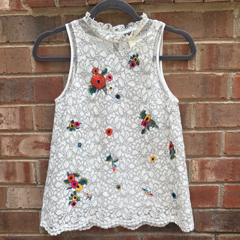Anthropologie Maeve Maci White Lace Top with Floral Multi-Color Embroidery